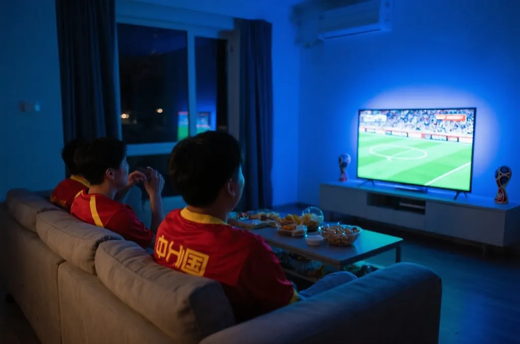 深夜客厅里球迷观看世界杯直播,屏幕光照亮房间,氛围浓厚