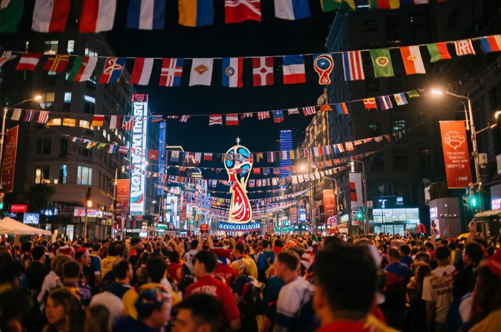 世界杯开幕日球迷聚集与城市氛围场景
